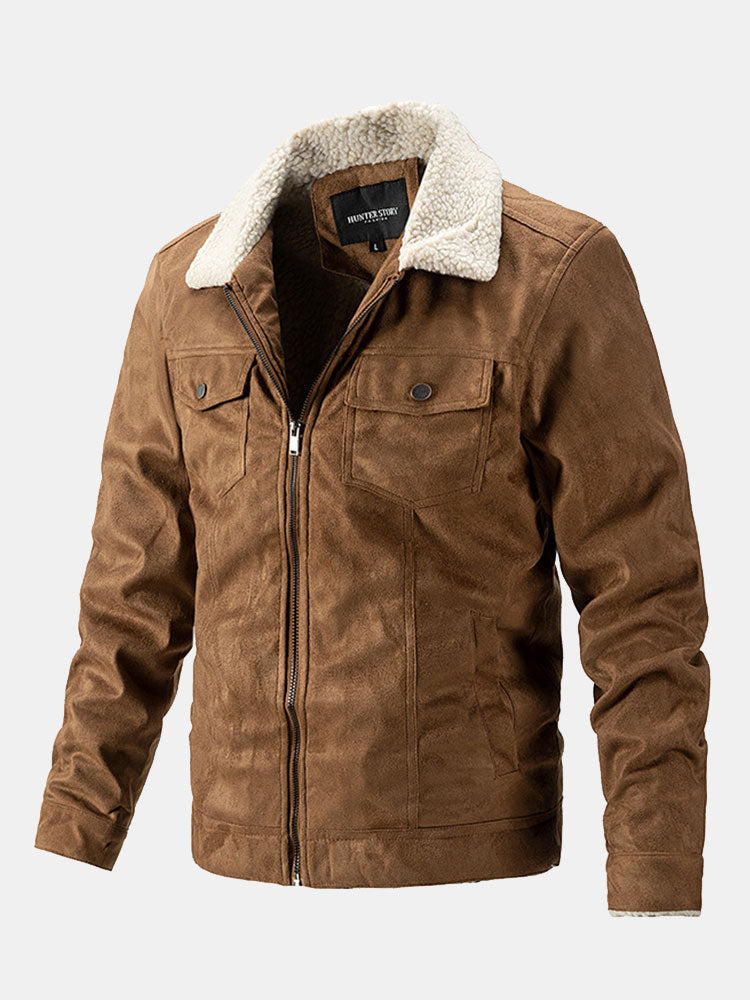 Men's Teddy-Lined Faux Suede Jacket – Warm Winter Zip-Up Outerwear with Sherpa Collar and Utility Chest Pockets