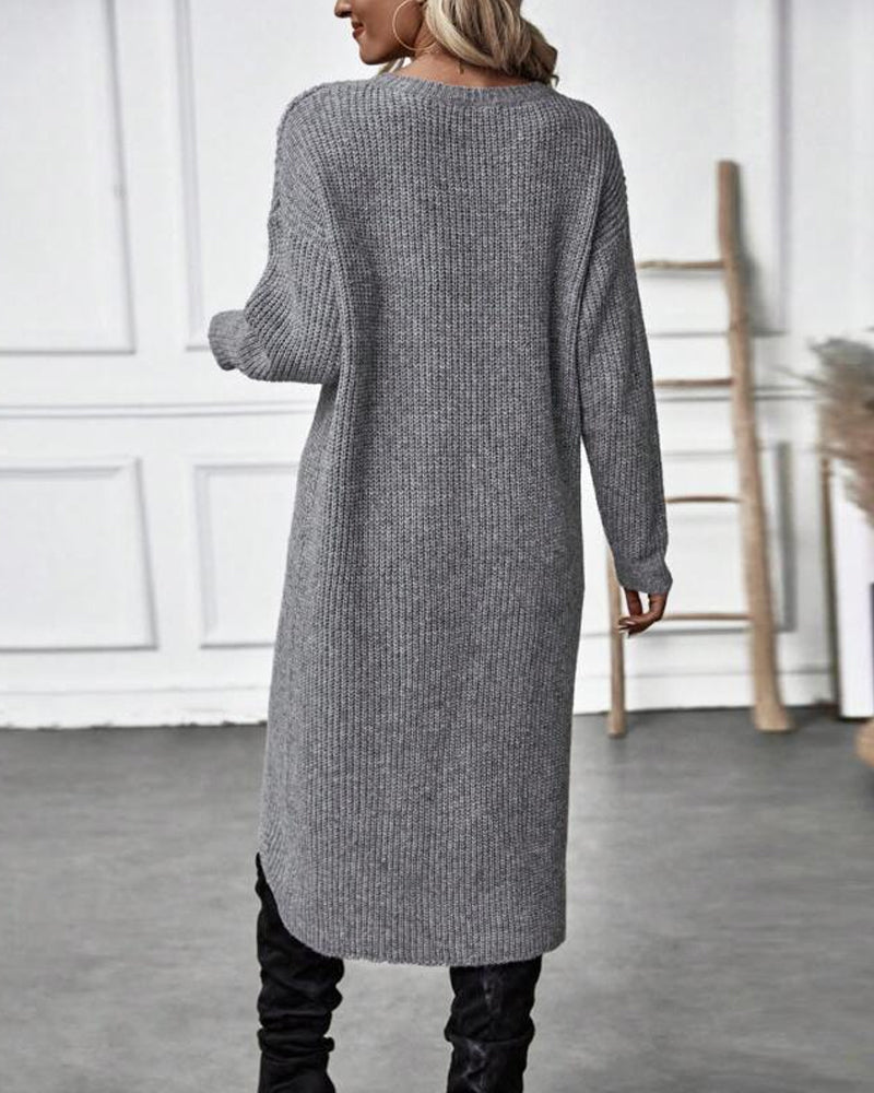 Women's Ribbed Sweater Dress with Side Slit Long Sleeve