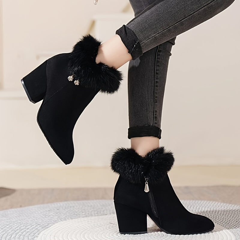 Women's Faux-Fur Trim Ankle Boots Block Heel Side Zip