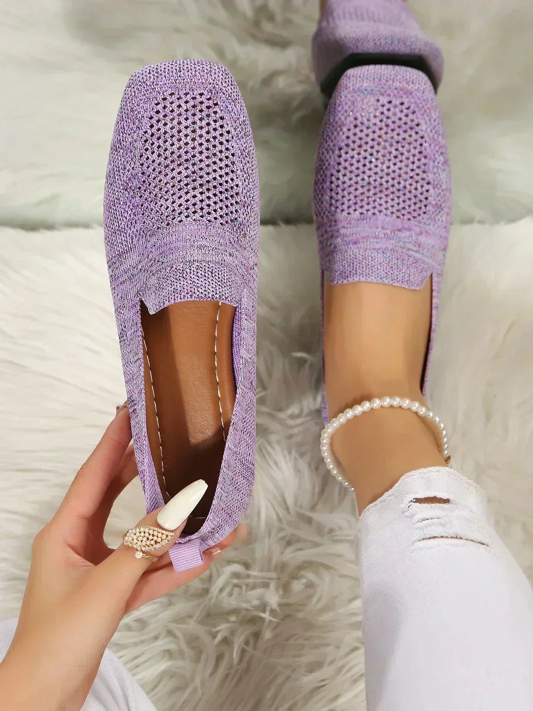 Women's Embellished Ballet Flats with Pearl Ankle Strap