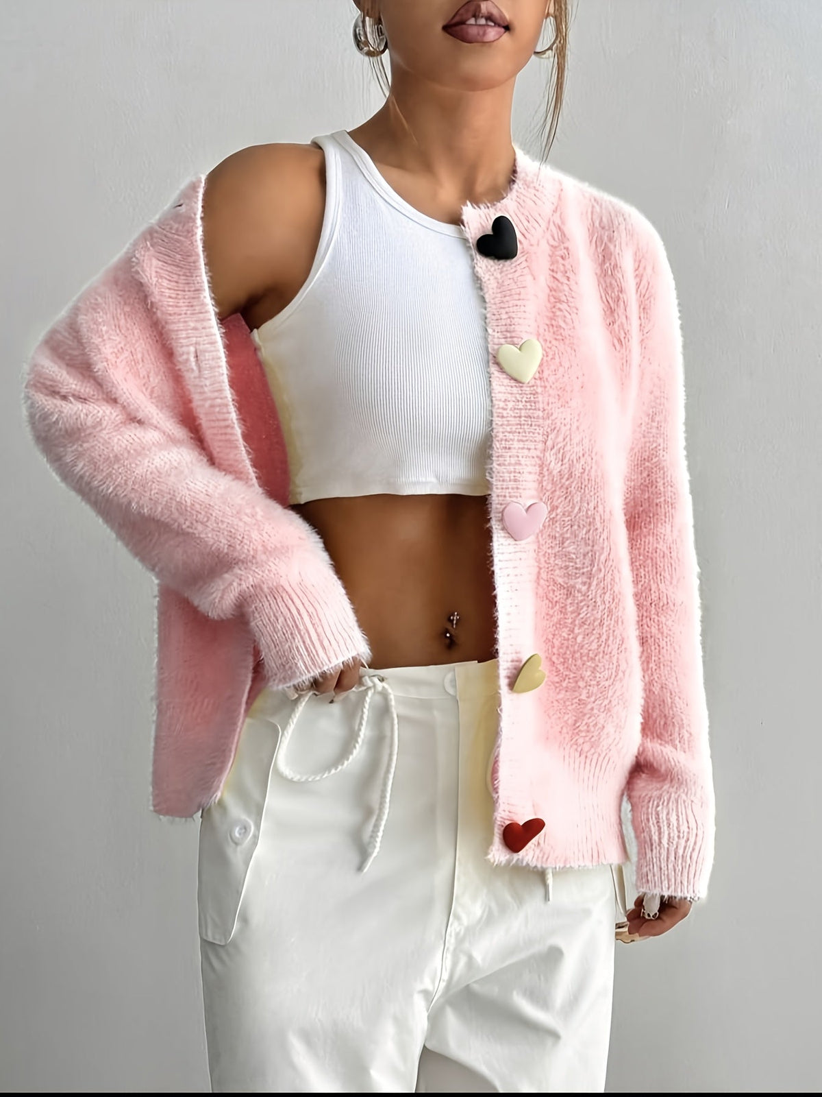 Fleur | Fluffy Cropped Heart Buttons Cardigan