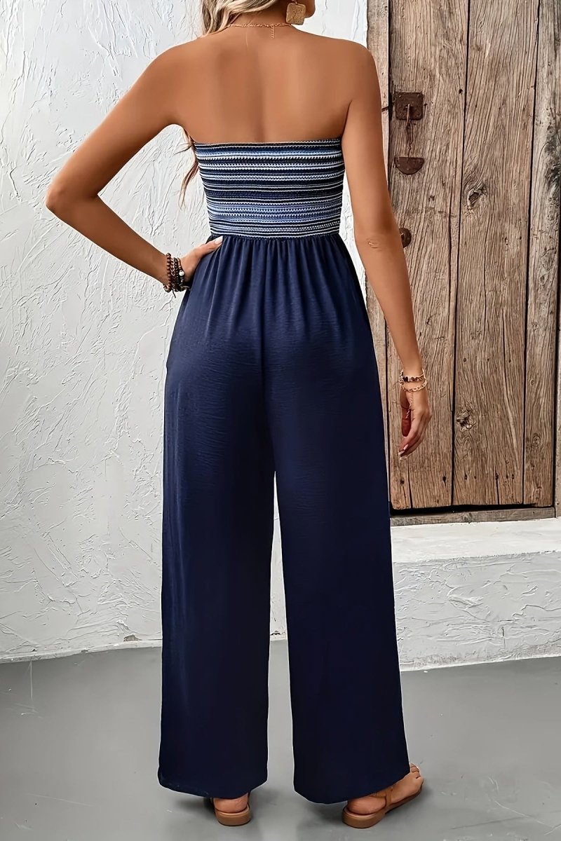 Women's Strapless Wide-Leg Jumpsuit with Shirred Bodice – Lightweight Casual One-Piece for Summer Holidays