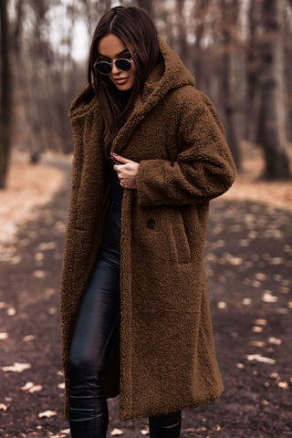 Women's Hooded Longline Teddy Coat with Button Front