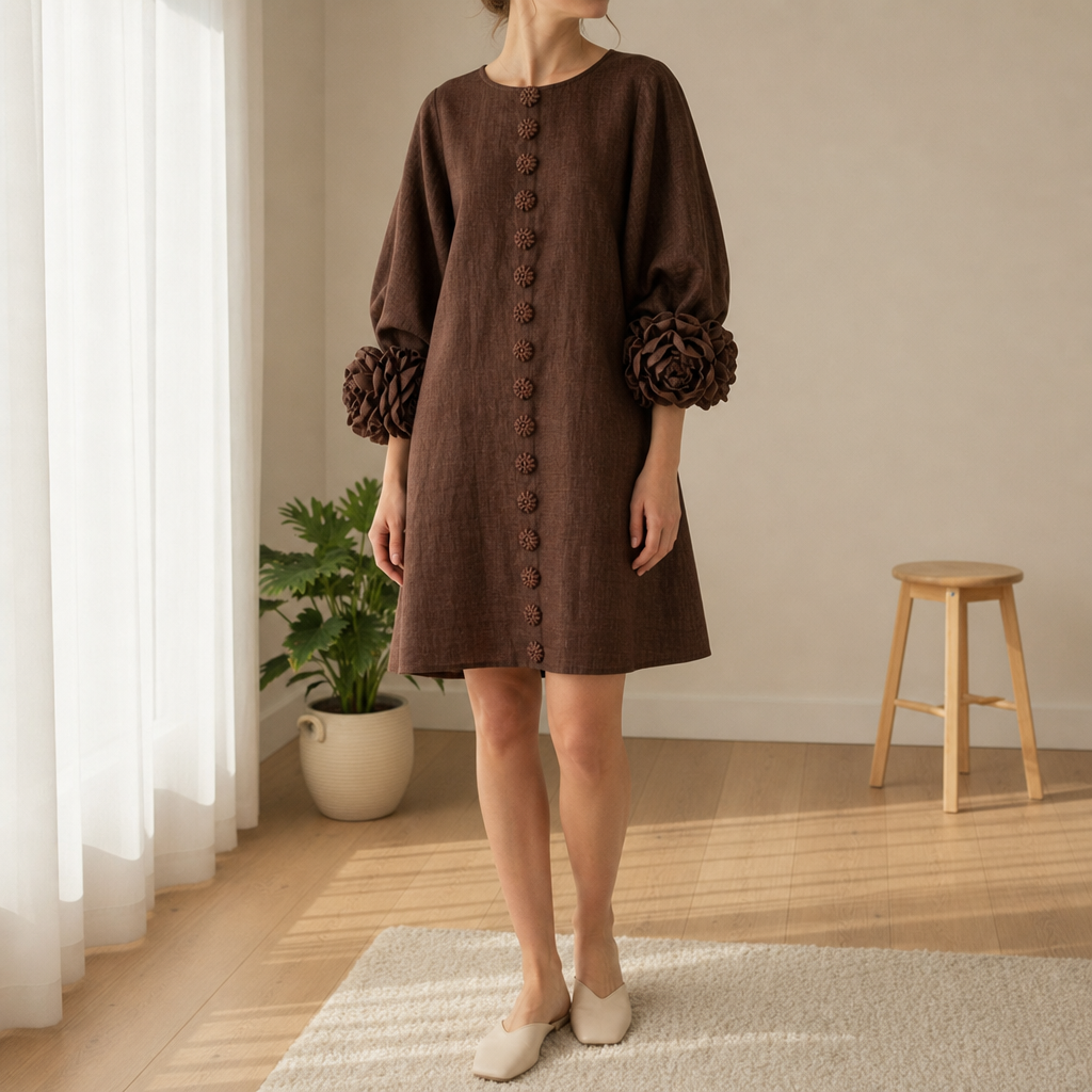 Marvao Rosette Cuff Linen Dress
