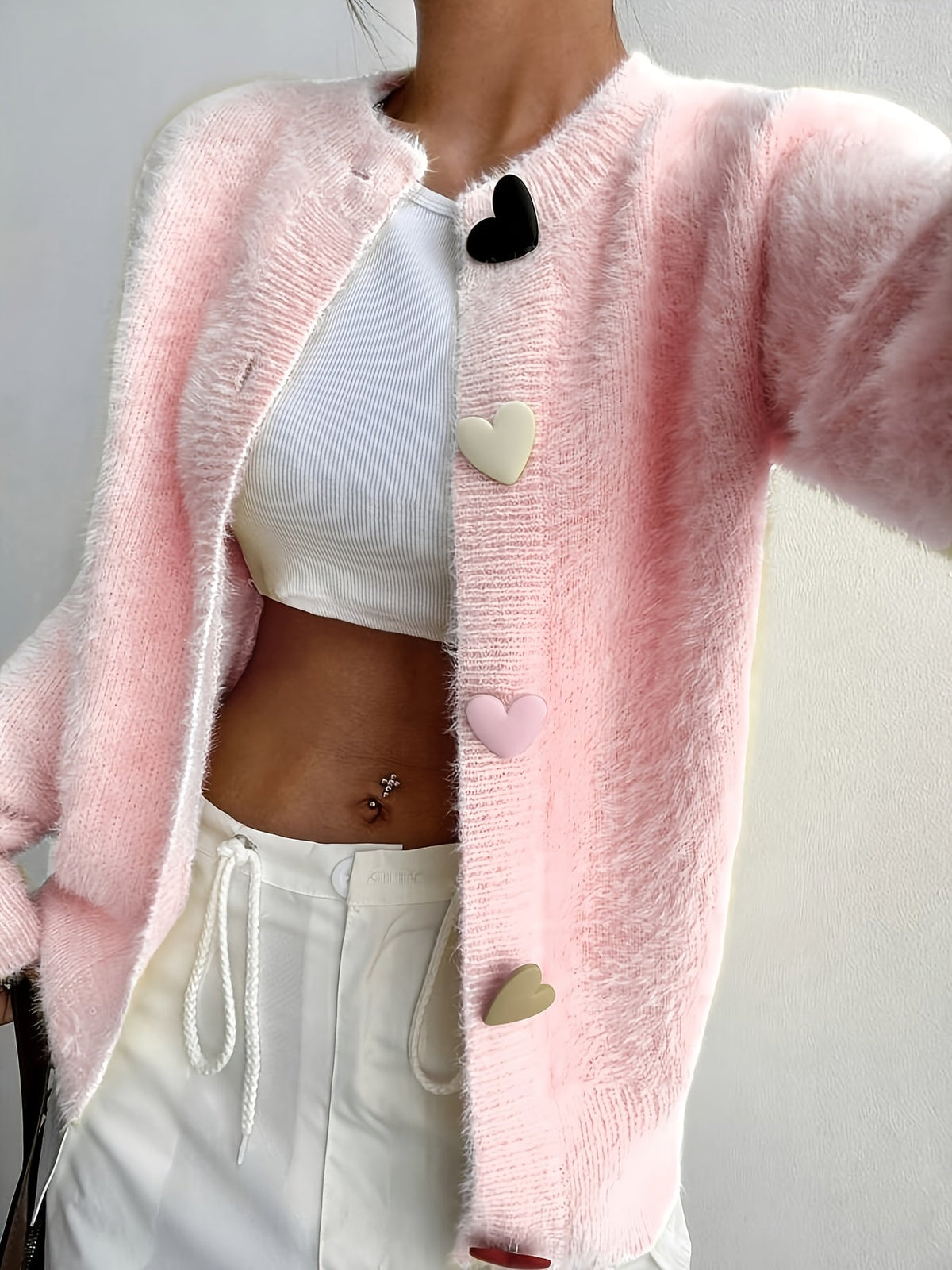 Fleur | Fluffy Cropped Heart Buttons Cardigan