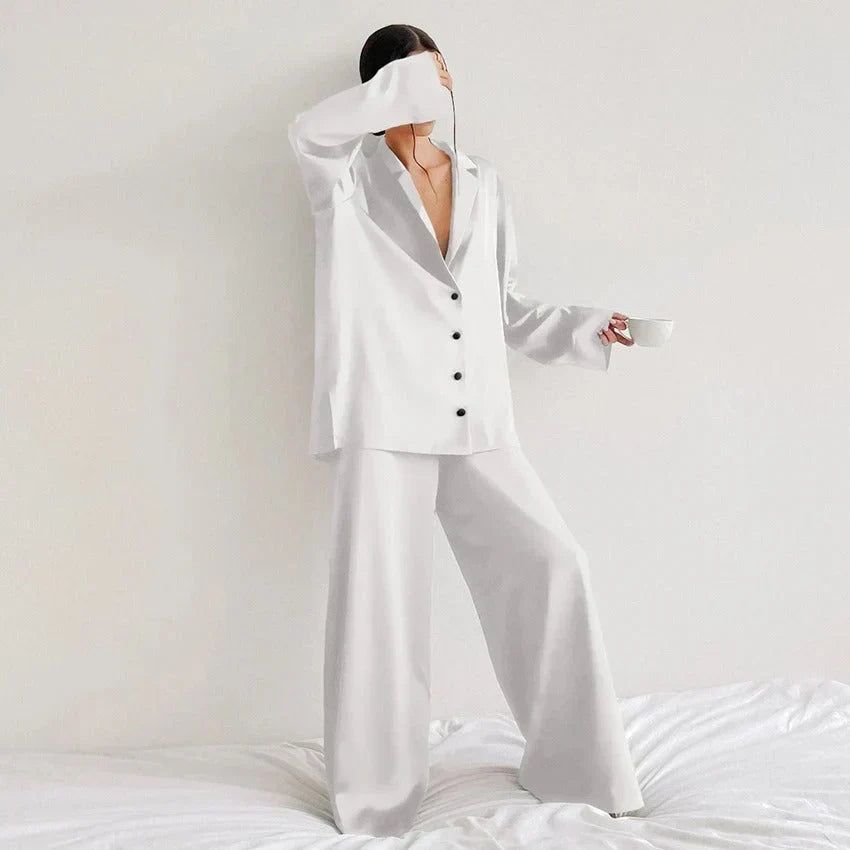 Women's Satin Pyjama Set | Button-Up Shirt & Wide Leg Trousers