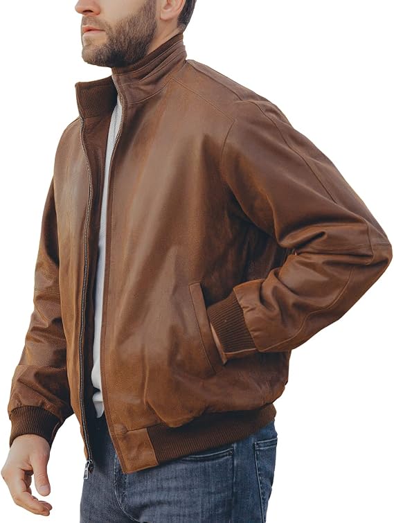Men’s Genuine Leather Bomber Jacket – Ribbed Stand-Collar Casual Layer for Autumn Travel Weekend and Smart Casual Wear