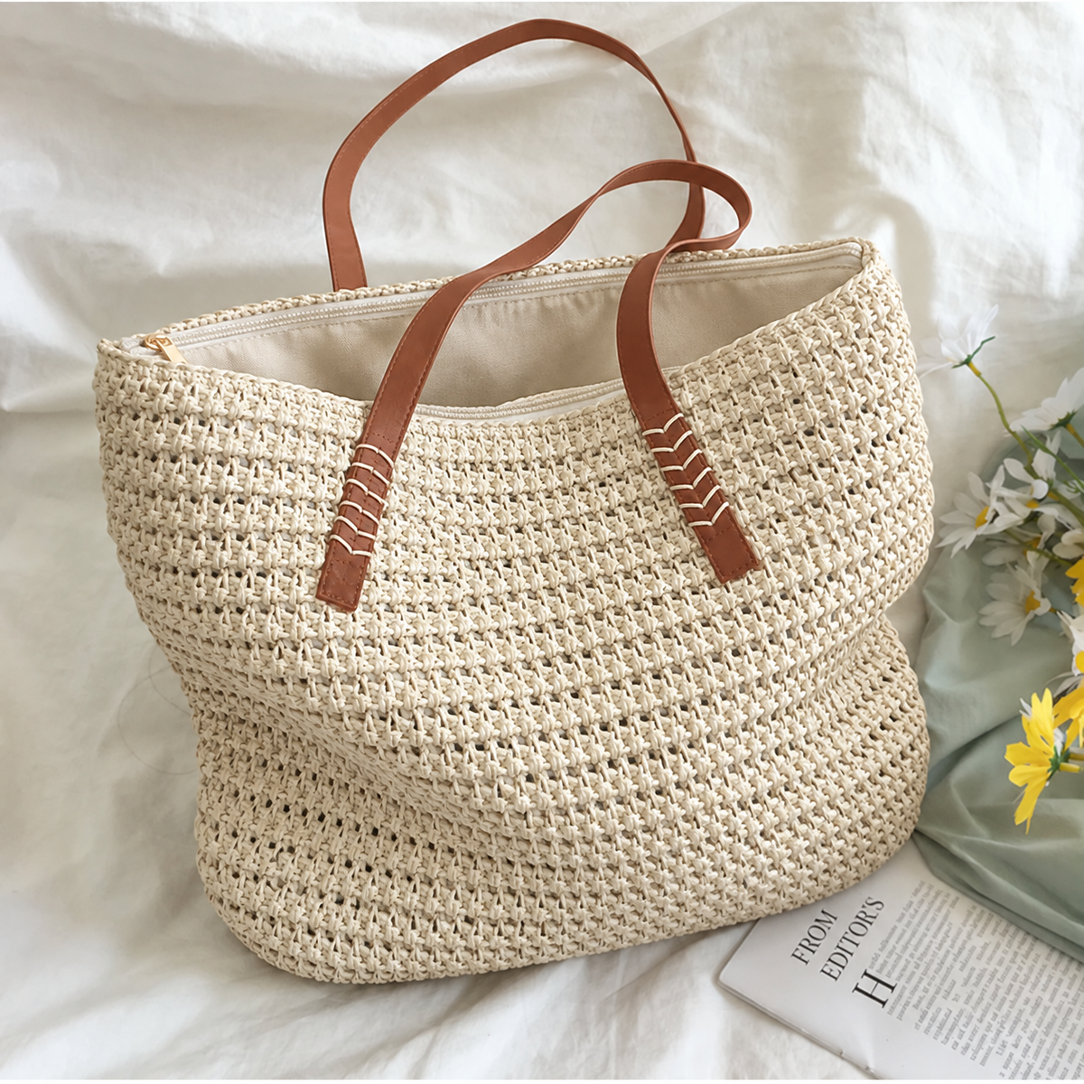 Women's Woven Straw Shoulder Bag with Spacious Interior