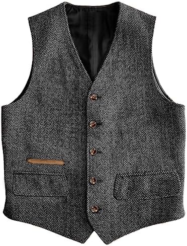 Men’s Vintage Herringbone Tweed Waistcoat – Classic V-Neck Buttoned Suit Vest with Functional Pockets for Weddings Business and Smart Casual Wear