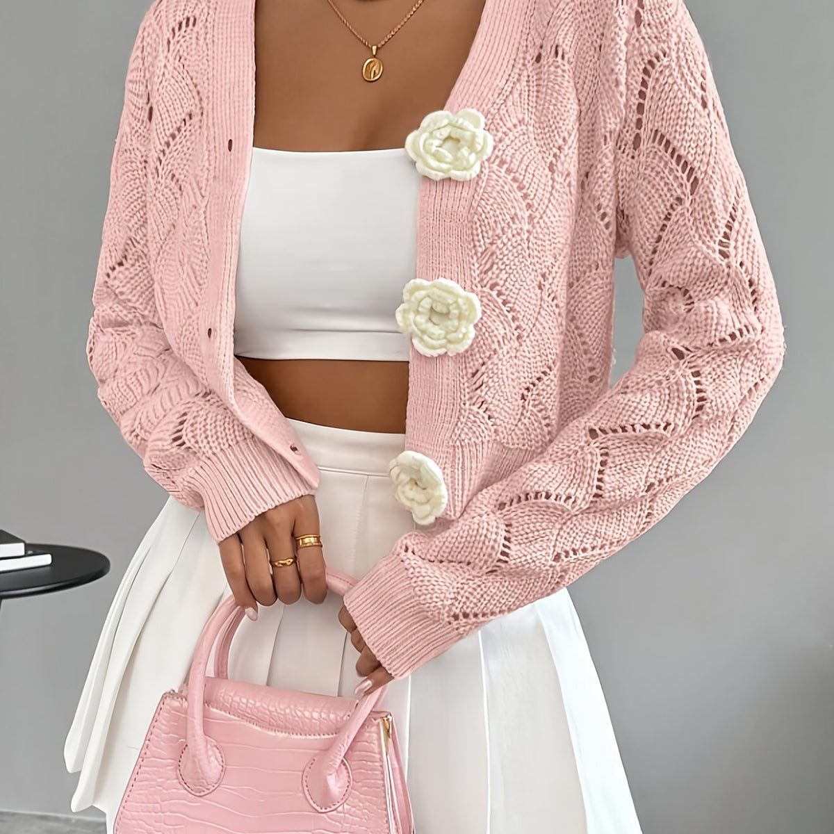 Heidi | Crochet Knit 3D Floral Buttons Cardigan
