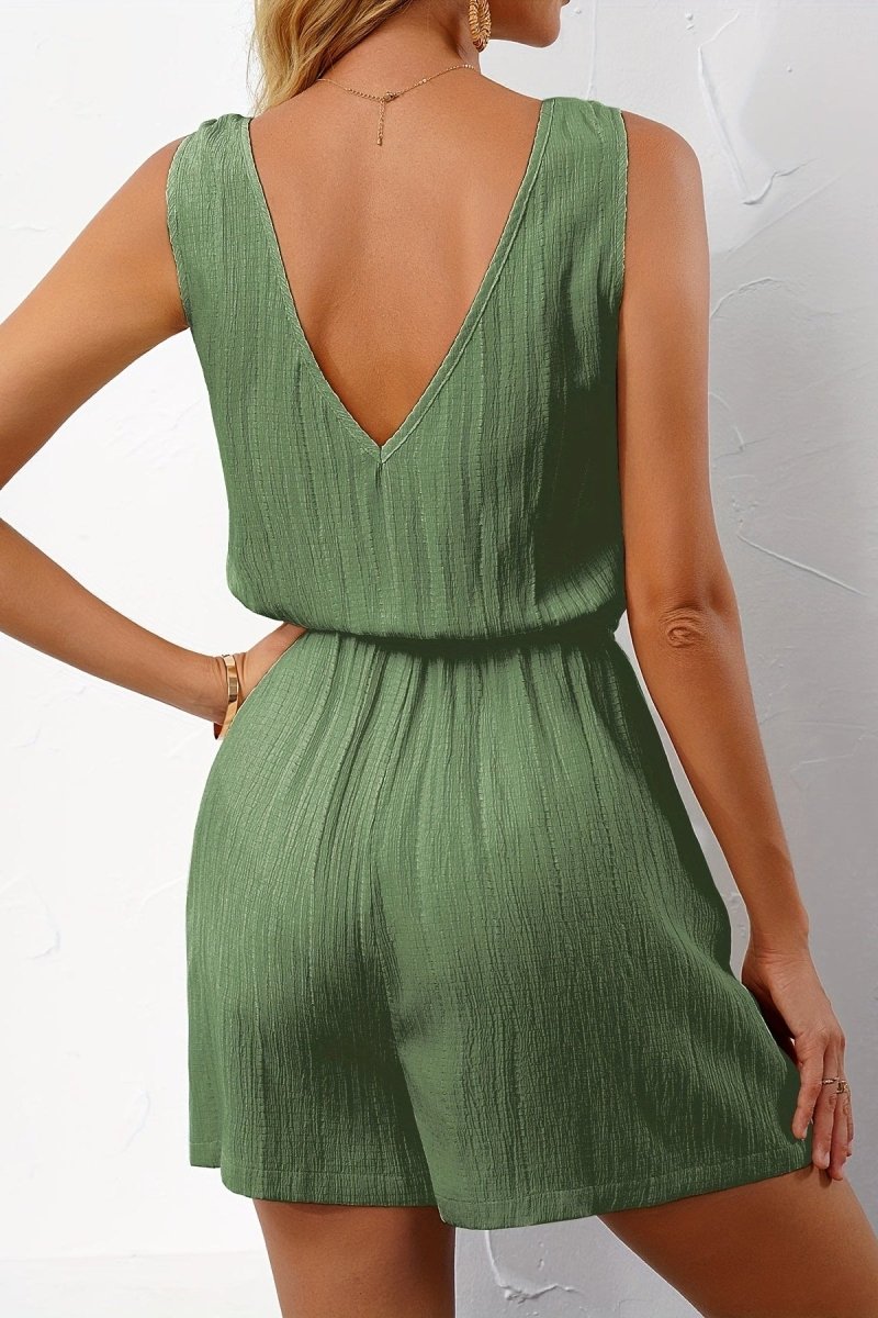Women's V-Neck Summer Playsuit with Tie Straps and Drawstring Waist – Lightweight Casual Romper for Holidays