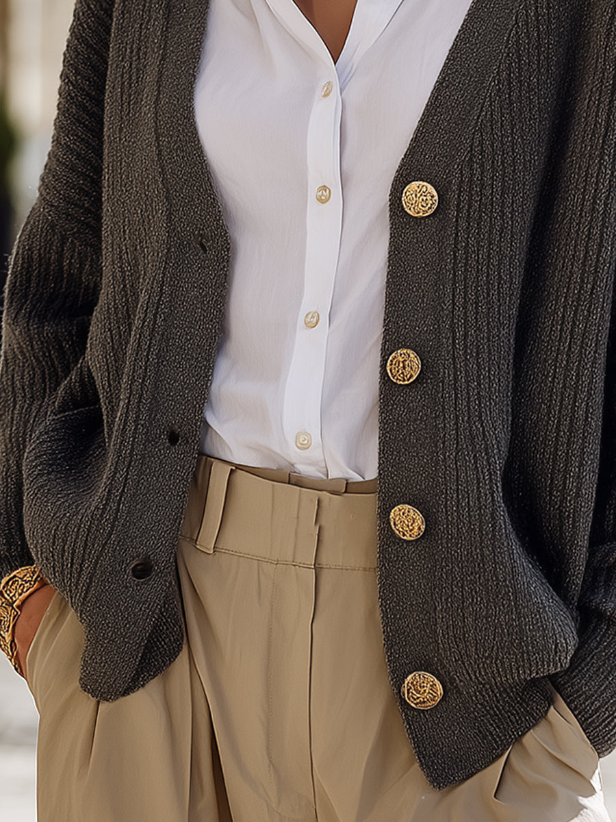 Women’s Textured V-Neck Knit Cardigan with Decorative Buttons – Relaxed Elegant Layer for Office and Smart Casual Wear