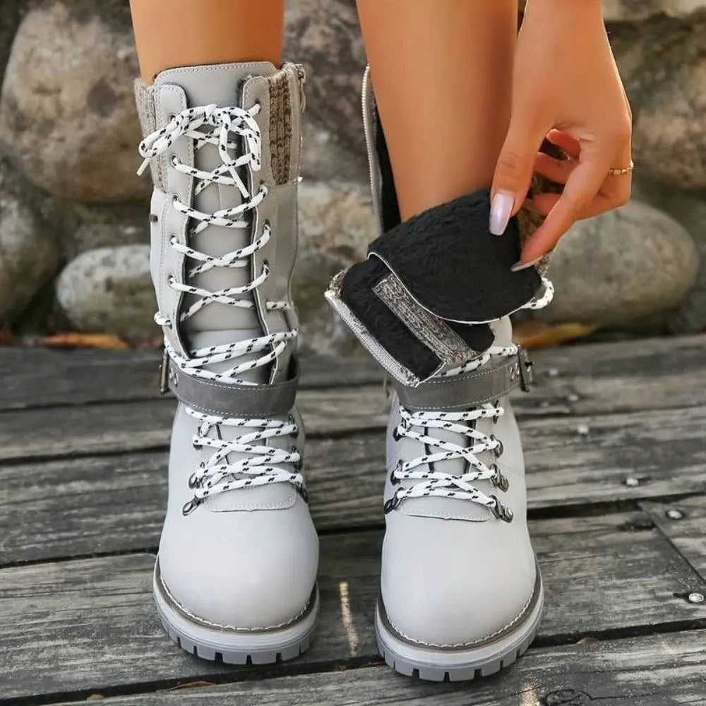 Women's Winter Lace-Up Snow Boots – Knit Cuff & Buckle – Anti-Slip Sole