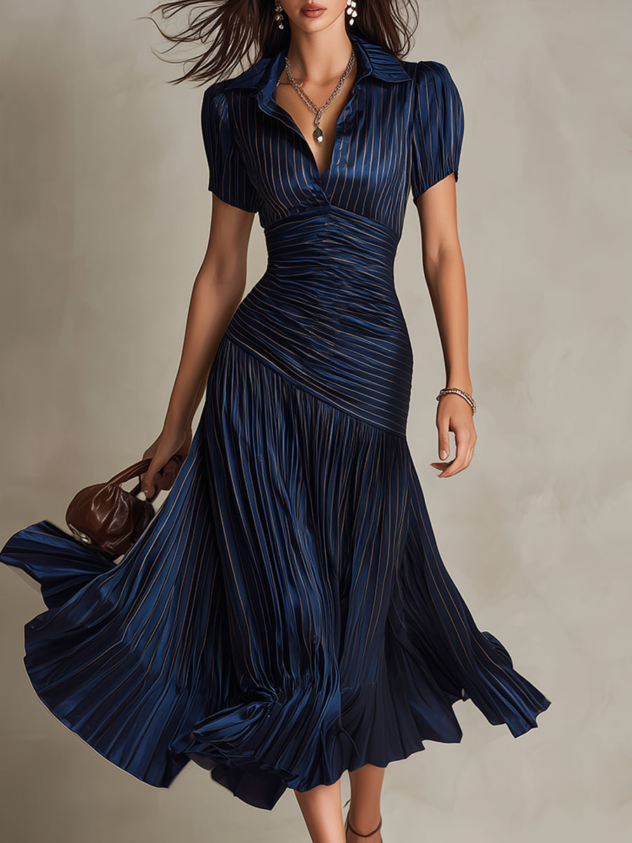 Adriana - Short Sleeve Pleated Retro Striped Satin Midi Dress