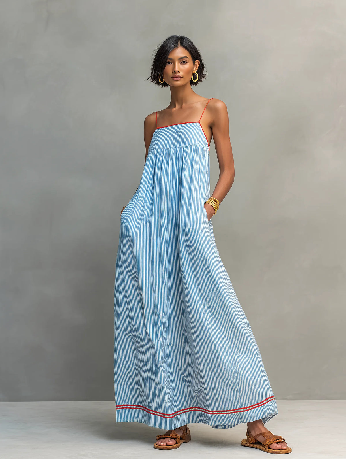 Women's Minimalist Sleeveless Backless Striped Maxi Dress With Red Trim And Spaghetti Straps
