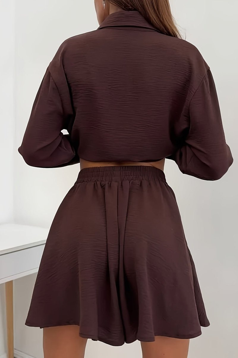 Women's Elegant Long Sleeve Blouse and Flared Mini Skirt Set – Relaxed Button Front Shirt with Elasticated Waist Skirt for Smart Casual Wear