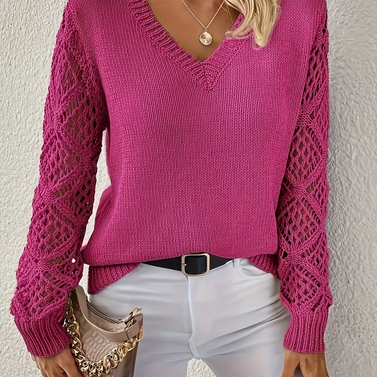 Adelheid | Crochet Sleeve V-Neck Sweater