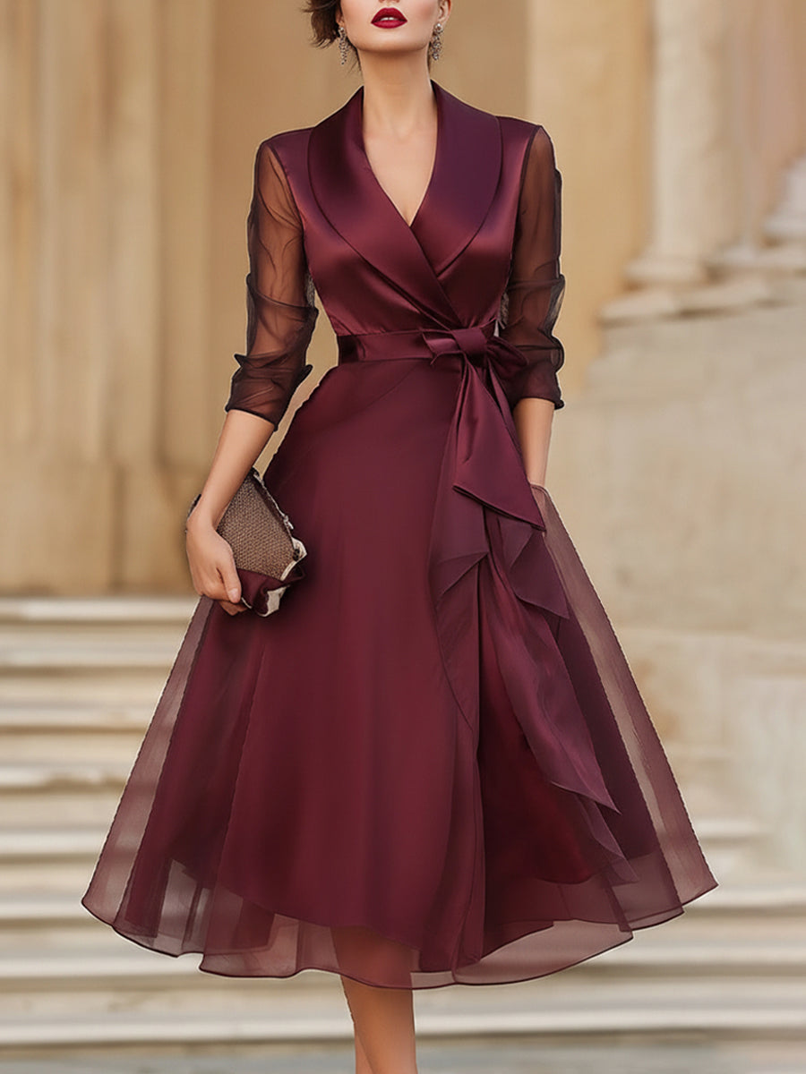 Mira | Elegant Wrap Midi Dress With Sheer Sleeves