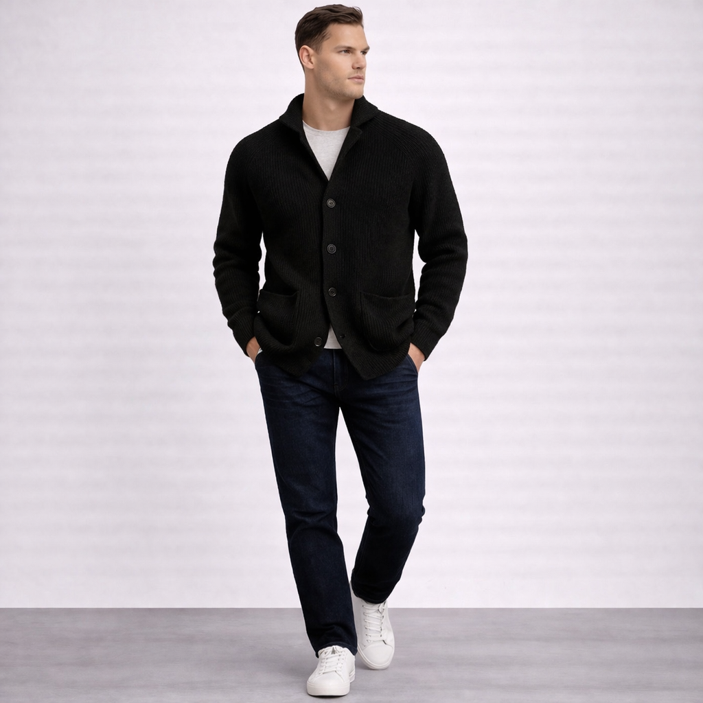 Men’s Ribbed Knit Button Cardigan with Collar