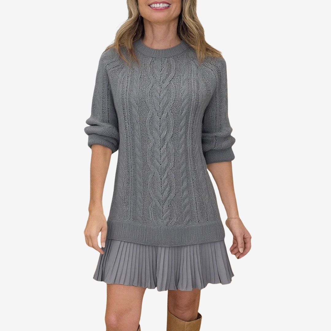 Women's Elegant Cable Knit Mini Dress with Pleated Skirt Hem and Classic Crew Neck – Soft Textured Relaxed Fit Knitted Dress with Long Sleeves for Smart Casual Autumn and Winter Everyday Wear
