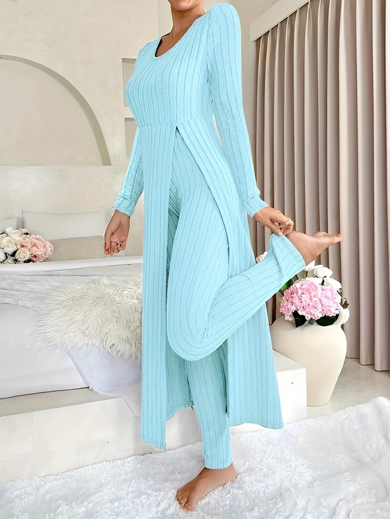 Women's Ribbed Knit Longline Tunic and Trousers Set – Elegant Fitted Two-Piece Outfit for Autumn and Winter