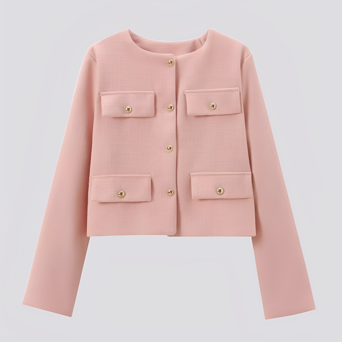 Women’s Cropped Collarless Jacket with Decorative Buttons and Flap Pockets – Elegant Tailored Layer for Smart Casual Wear