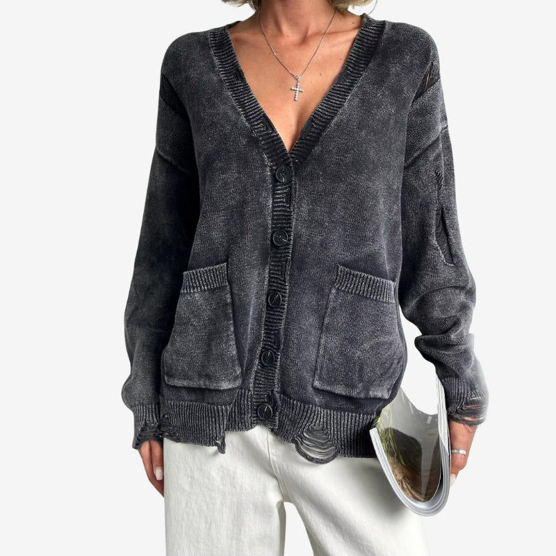 Women's Vintage Washed Distressed Knitted Cardigan with Pockets – Relaxed Long Sleeve V Neck Button Front Cardigan for Casual Autumn and Spring Layering