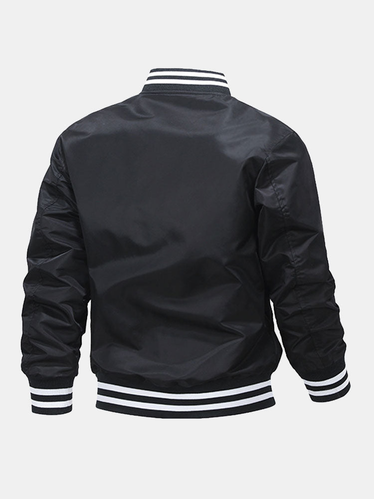 Men's Classic Baseball Bomber Jacket – Snap-Button Varsity Style Outerwear with Striped Ribbed Trims for Casual Spring and Autumn Wear