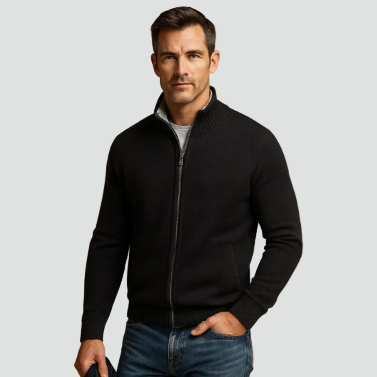 Men's Knitted Zip Cardigan with Stand Collar