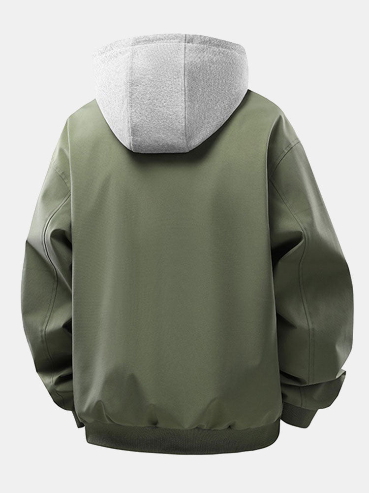 Men's Relaxed Fit Bomber Jacket with Detachable Hood – Contrast Corduroy Collar and Zip-Up Casual Outerwear for Spring and Autumn