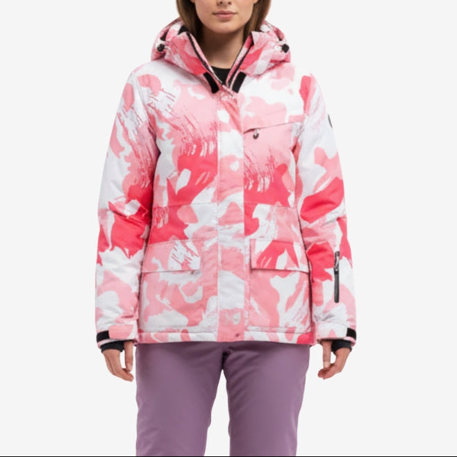 Women’s Abstract Print Hooded Puffer Jacket with High Collar and Zip Front – Warm Padded Winter Outerwear for Casual Everyday Wear