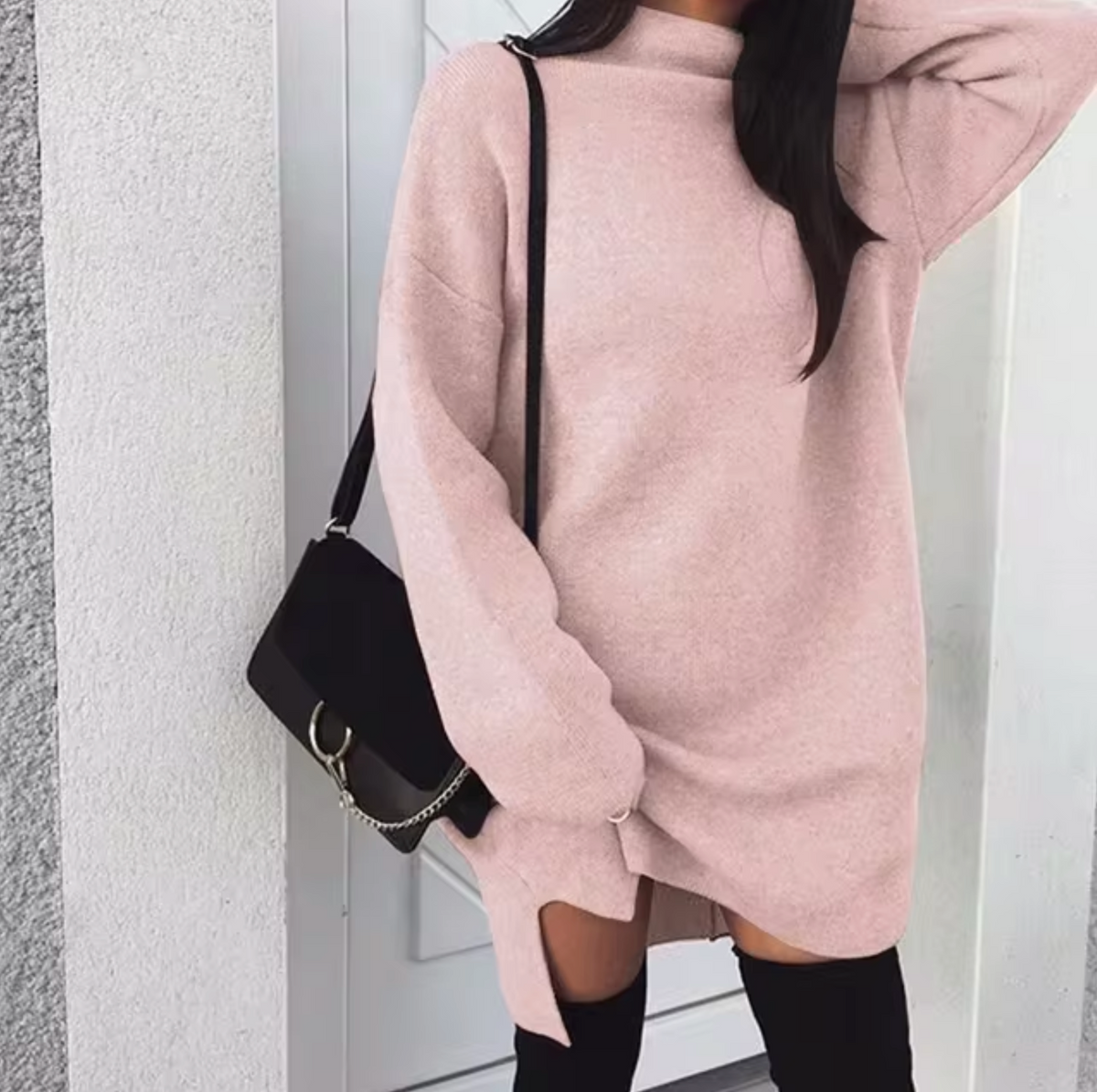 Women’s Wool and Cashmere Sweater Dress with High Neck and Side Splits – Oversized Knitted Mini Style for Cosy Autumn and Winter Dressing