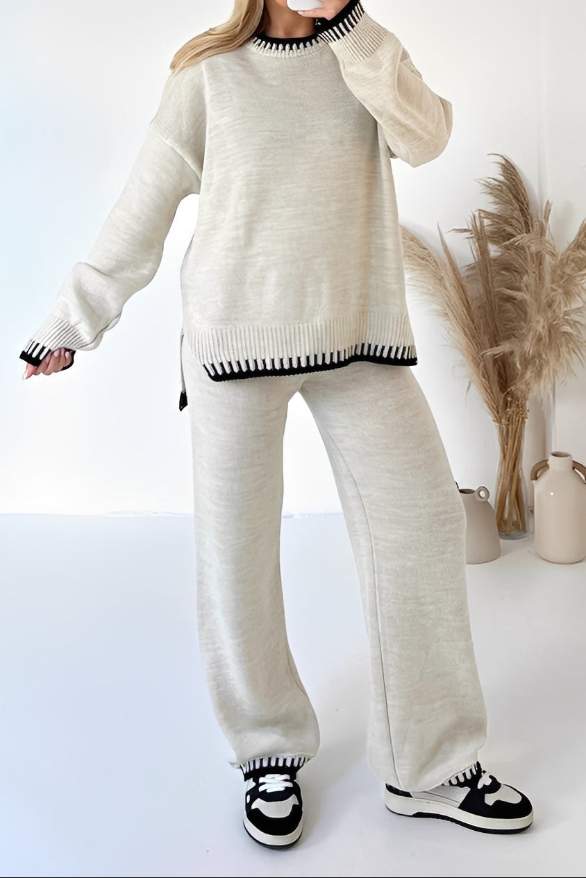 Women’s Knitted Sweater and Wide-Leg Trouser Set with Contrast Ribbed Trims – Relaxed Fit Two-Piece Lounge Outfit for Comfortable Everyday Dressing