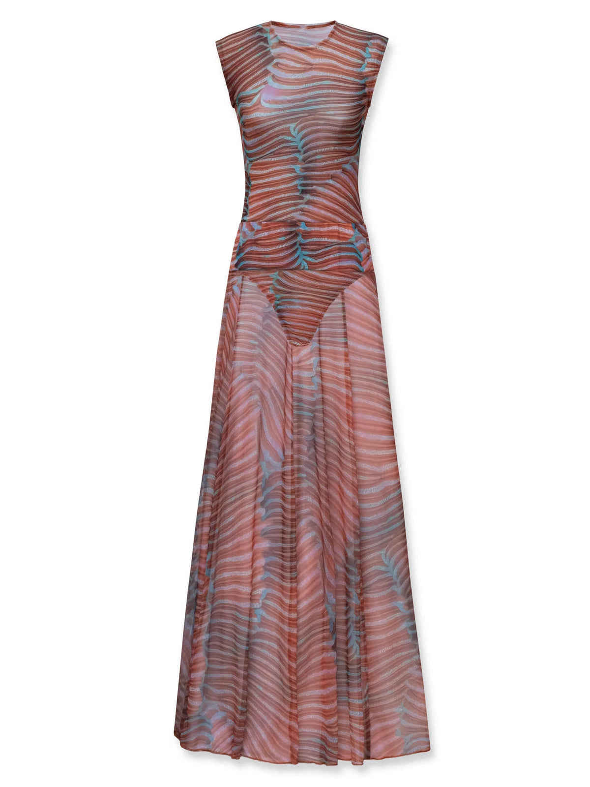 Women's Printed Mesh Two-Piece Maxi Skirt Set – Sleeveless Fitted Round Neck Top and Flowing Long Skirt for Elegant Summer Evening Wear