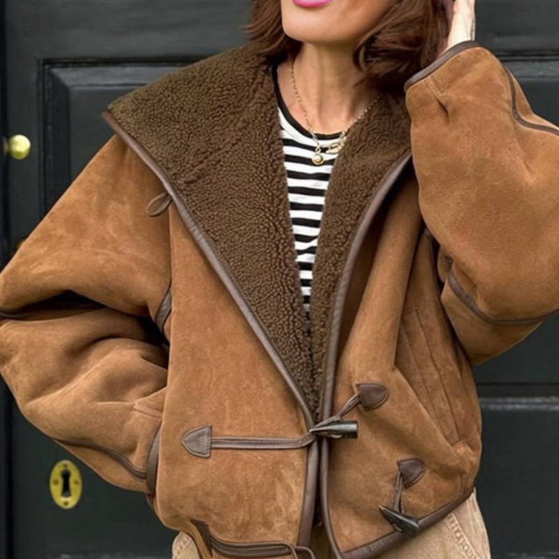 Women’s Suede-Look Teddy-Lined Hooded Jacket with Toggle Fastenings – Cosy Relaxed Winter Outerwear for Casual Everyday Wear