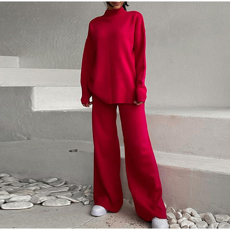 Women's Soft Knit Two-Piece Loungewear Set – Relaxed Turtleneck Jumper and Wide Leg Trousers for Autumn and Winter