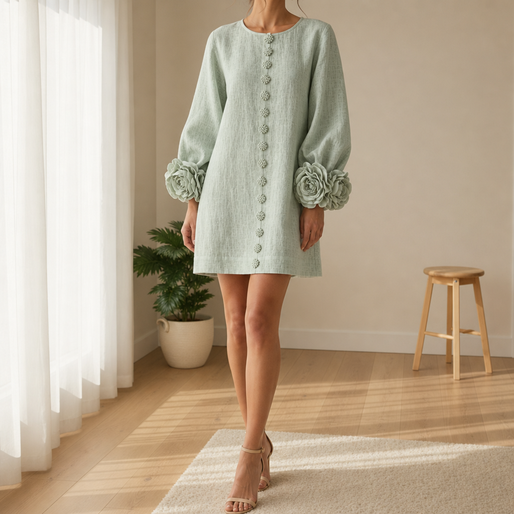 Marvao Rosette Cuff Linen Dress