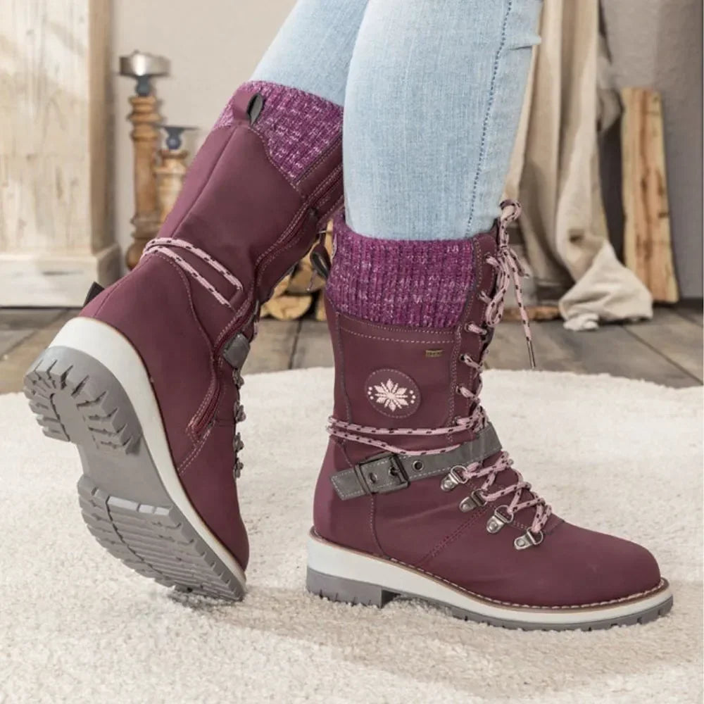 Women's Winter Lace-Up Snow Boots – Knit Cuff & Buckle – Anti-Slip Sole