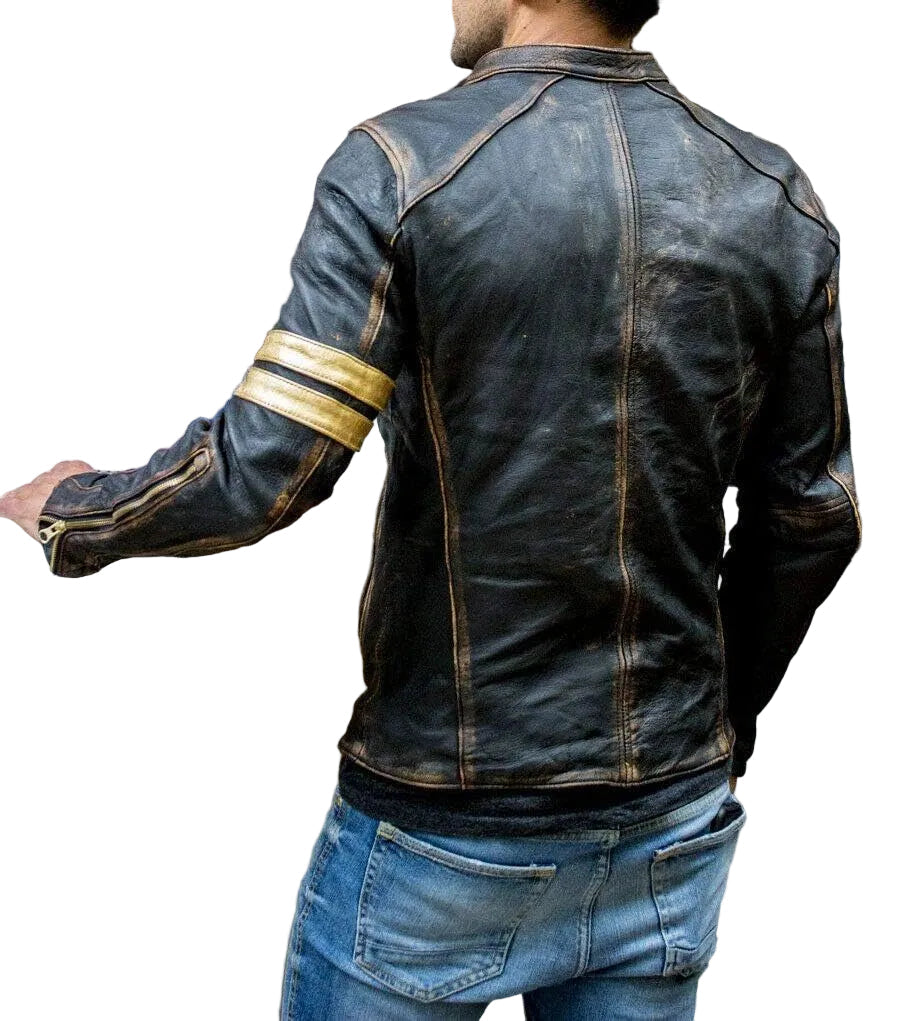 Men’s Distressed Genuine Leather Café Racer Biker Jacket – Vintage Motorcycle Zip-Up Layer with Stand Collar Contrast Trim and Zipped Pockets for Autumn Streetwear Weekend Travel Evening Outings and Everyday City Wear