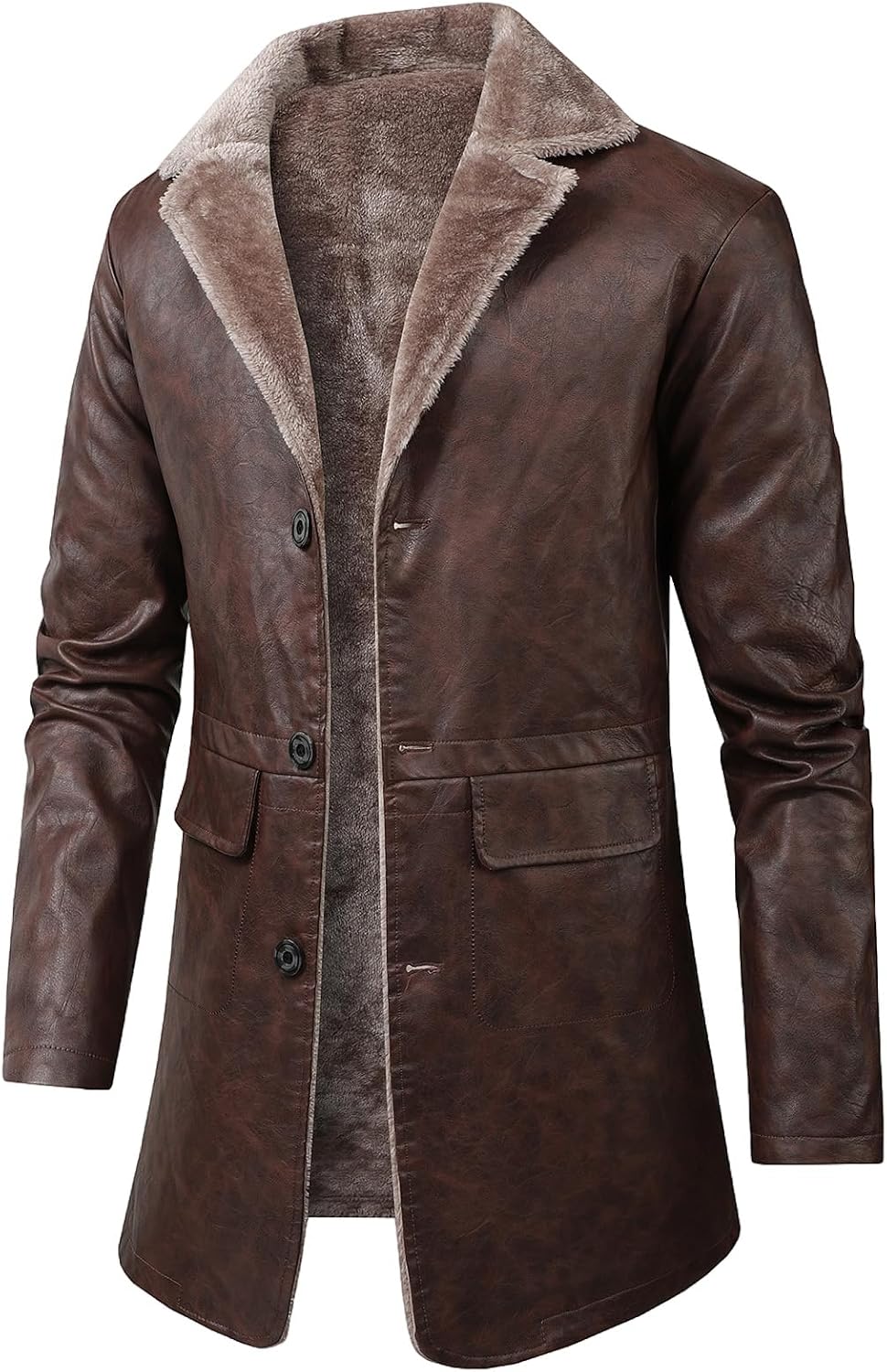 Men’s Long Faux-Leather Winter Coat – Vintage Button-Front Layer with Stand Collar for Business Travel Evening Events and Cold-Weather Everyday Wear