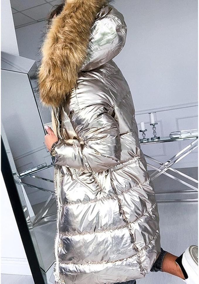 Long Women's Winter Coat with Fur Collar and Tailored Fit