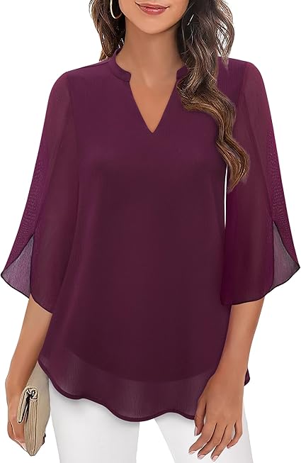 Women’s Split-Neck Blouse with Sheer Flutter Sleeves – Relaxed Layered Design for Work and Evening Styling