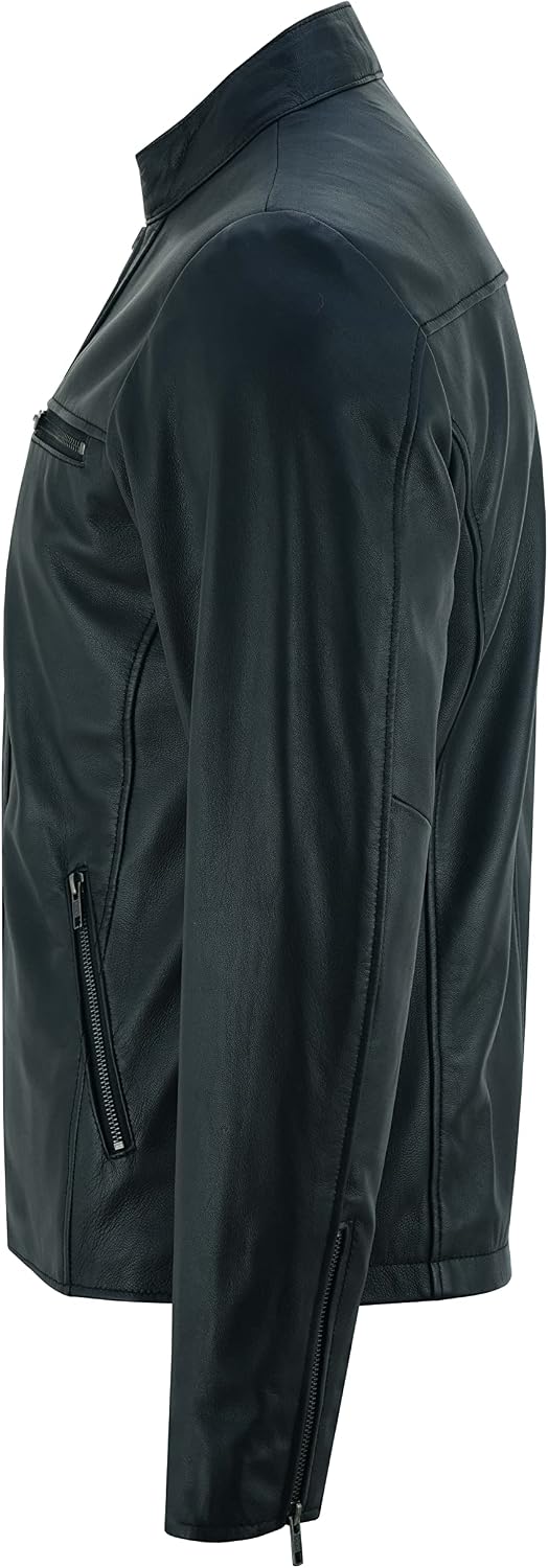 Men’s Genuine Lambskin Leather Racer Jacket – Streamlined Snap-Collar Zip Layer with Minimal Pocket Detailing for Autumn Commuting Smart Casual Evenings and Everyday City Dressing