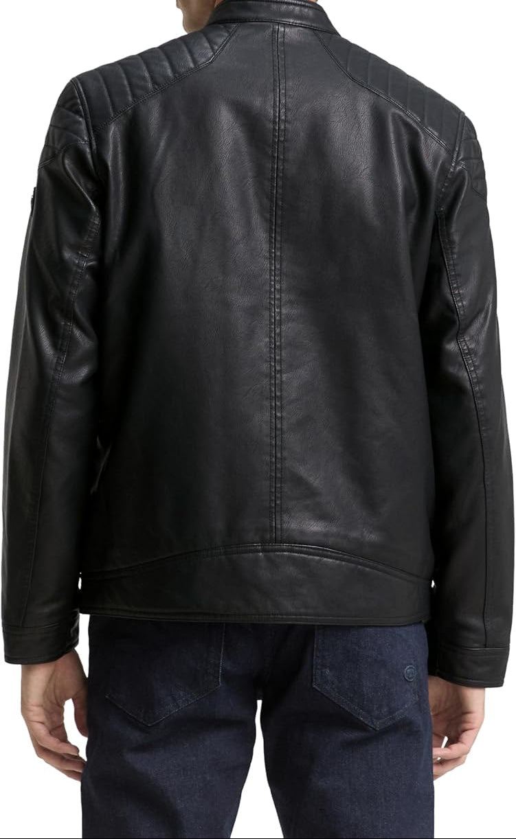 Men’s Quilted-Shoulder Faux-Leather Moto Jacket – Clean Stand-Neck Zip Layer with Structured Panel Detailing for Autumn Commuting Weekend Travel Smart Casual Evenings and Everyday City Wear
