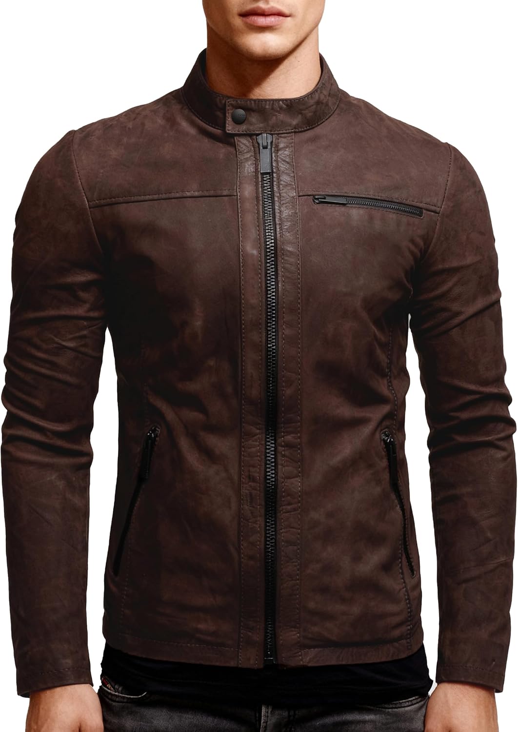Men’s Minimalist Stand-Collar Leather Jacket – Clean Zip-Front Short Layer with Streamlined Pockets for Autumn Travel Weekend Smart Casual City Wear and Everyday Styling