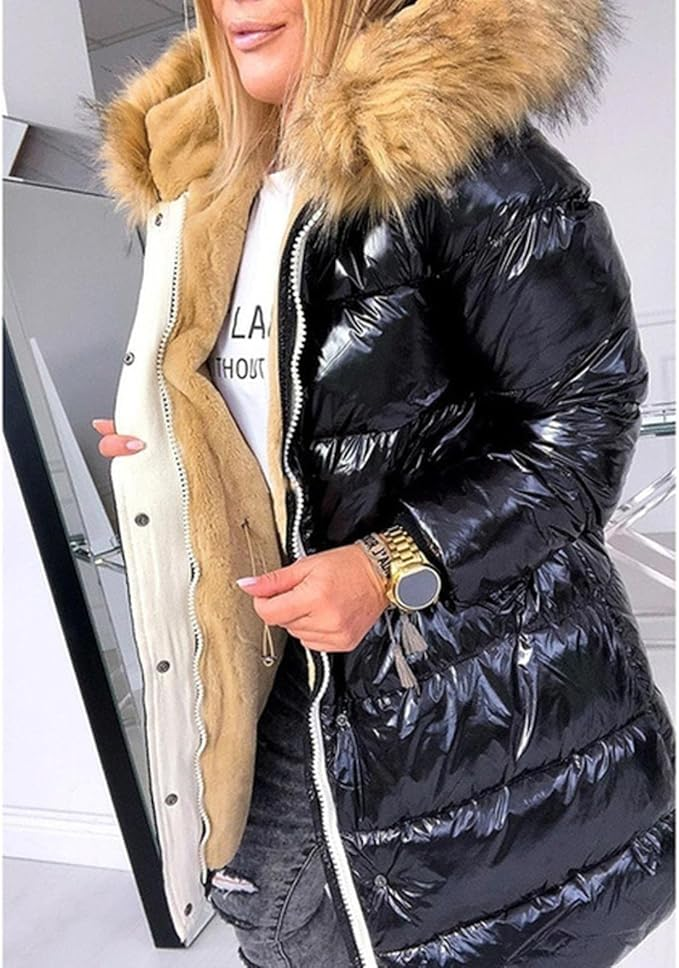 Long Women's Winter Coat with Fur Collar and Tailored Fit