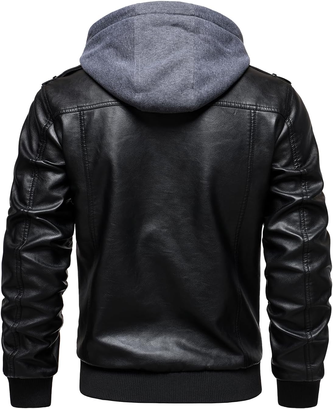 Men’s Hooded Faux-Leather Bomber Jacket – Multi-Pocket Zip-Up Motorcycle Layer with Ribbed Trims for Autumn Travel Weekend Streetwear Casual City Wear and Everyday Styling