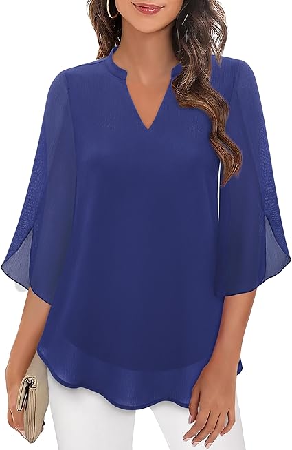 Women’s Split-Neck Blouse with Sheer Flutter Sleeves – Relaxed Layered Design for Work and Evening Styling