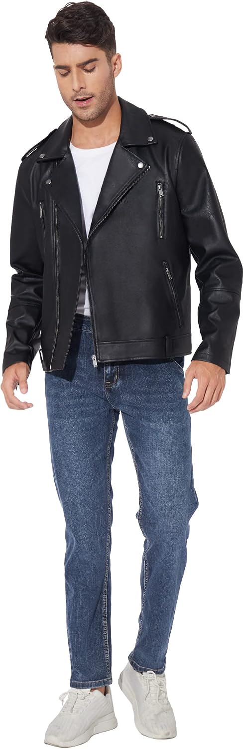 Men’s Asymmetric Faux-Leather Biker Jacket – Classic Lapel Zip-Up Motorcycle Layer with Multi-Zip Pockets and Shoulder Epaulettes for Autumn Streetwear Weekend Travel Evening Outings and Everyday City Styling