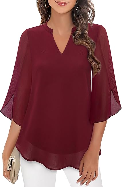 Women’s Split-Neck Blouse with Sheer Flutter Sleeves – Relaxed Layered Design for Work and Evening Styling